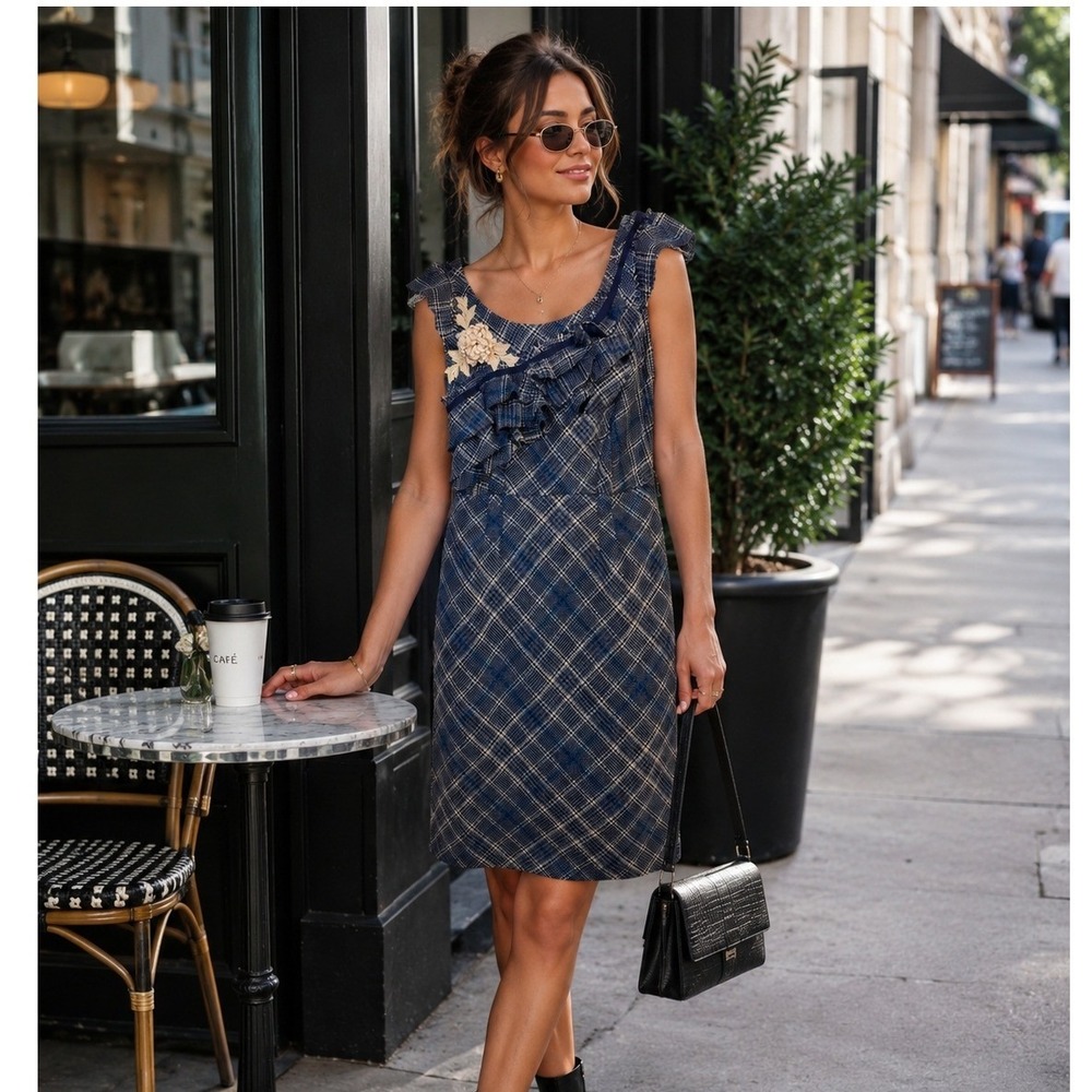 Floreat Anthropologie Navy Blue Plaid Wool Blend Ruffle Floral Sheath Dress 2